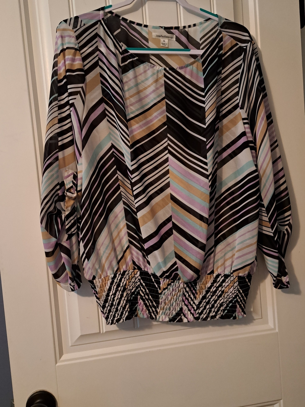 JohnPaulRichard Chevron Stripe Blouson Top in Black, Cream, Lavender, Mint